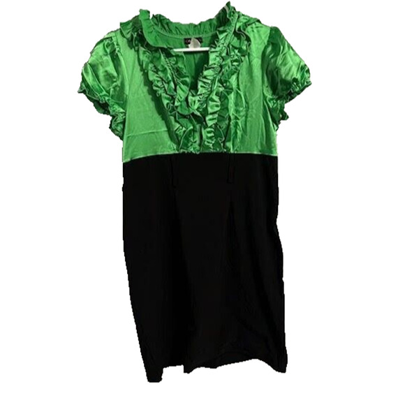 Cocomo Dress Womens Sz XL Shiny green ruffle top w black bottom - missing belt - Picture 1 of 9